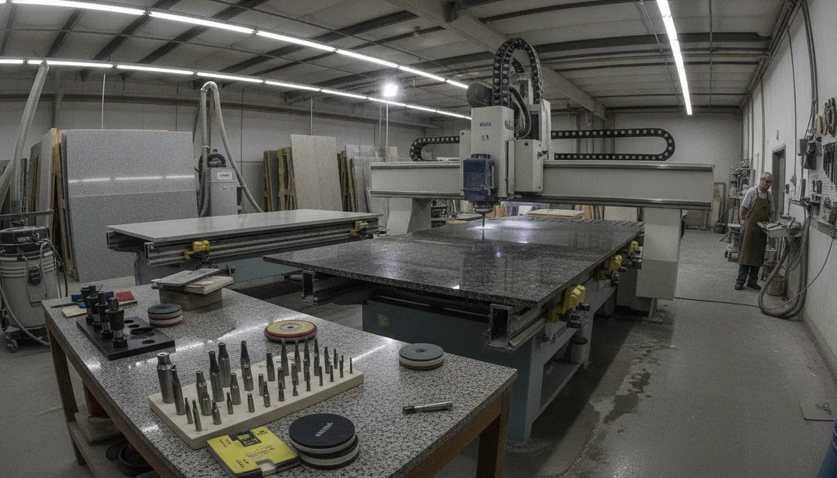 CNC machine tooling setup with diamond router bits and polishing pads for stone fabrication