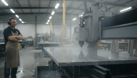 CNC spindle with diamond router bit profiling a granite slab edge in a stone fabrication shop
