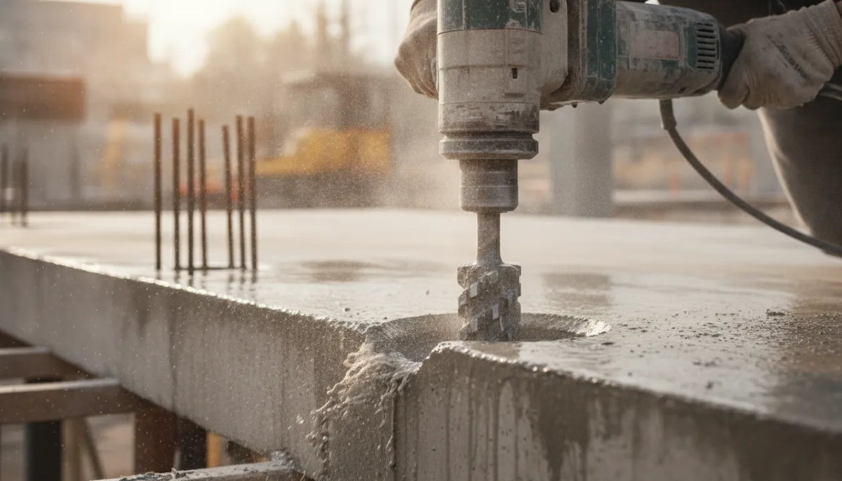 Contractor operating a water-fed diamond core drill rig on a concrete slab