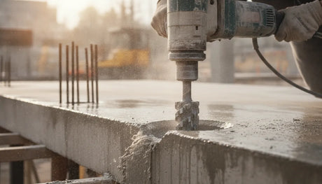 Contractor operating a water-fed diamond core drill rig on a concrete slab