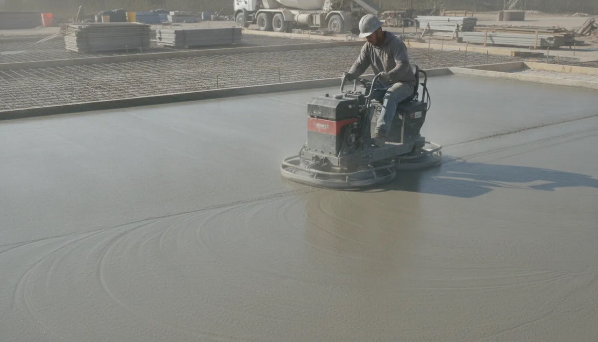 Concrete contractor operating a ride-on power trowel to finish a freshly poured concrete slab