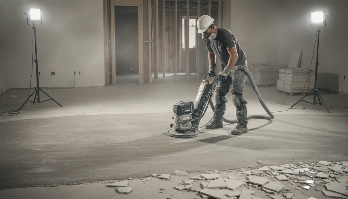 Contractor grinding a prepared concrete slab with a diamond floor grinder after tile removal