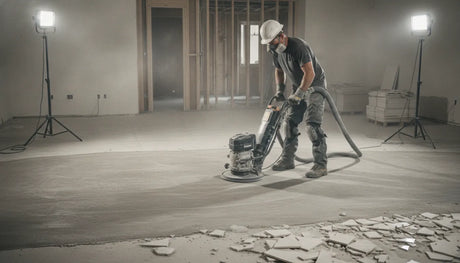 Contractor grinding a prepared concrete slab with a diamond floor grinder after tile removal