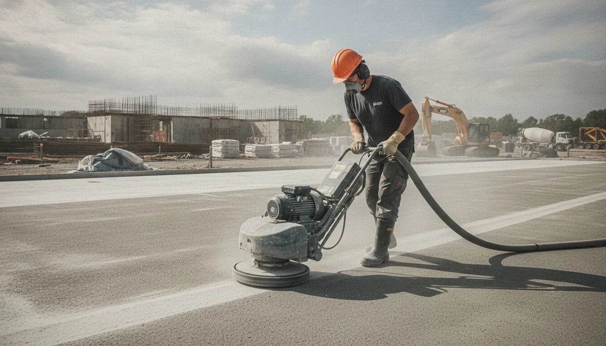 Professional concrete contractor operating a walk-behind floor grinder on a concrete slab for surface preparation