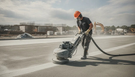Professional concrete contractor operating a walk-behind floor grinder on a concrete slab for surface preparation