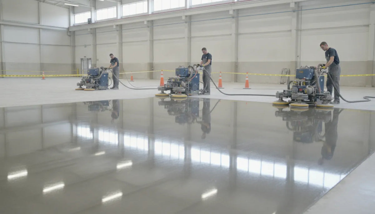 Professional concrete floor polishing with diamond pads achieving a high gloss mirror finish on architectural concrete