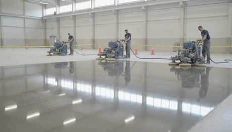 Professional concrete floor polishing with diamond pads achieving a high gloss mirror finish on architectural concrete