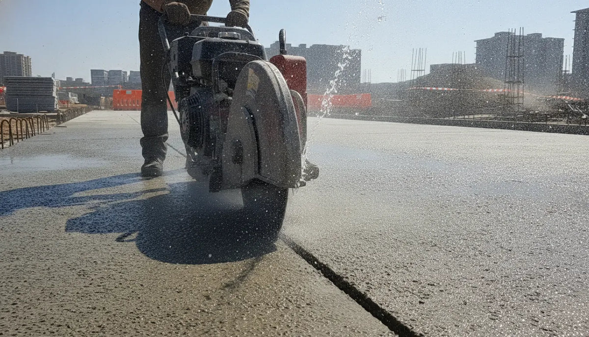 Professional walk-behind concrete saw cutting a straight line in fresh pavement