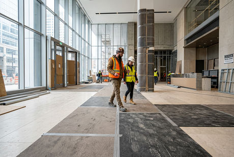 Construction workers walking across temporary floor protection in a commercial lobby under construction.