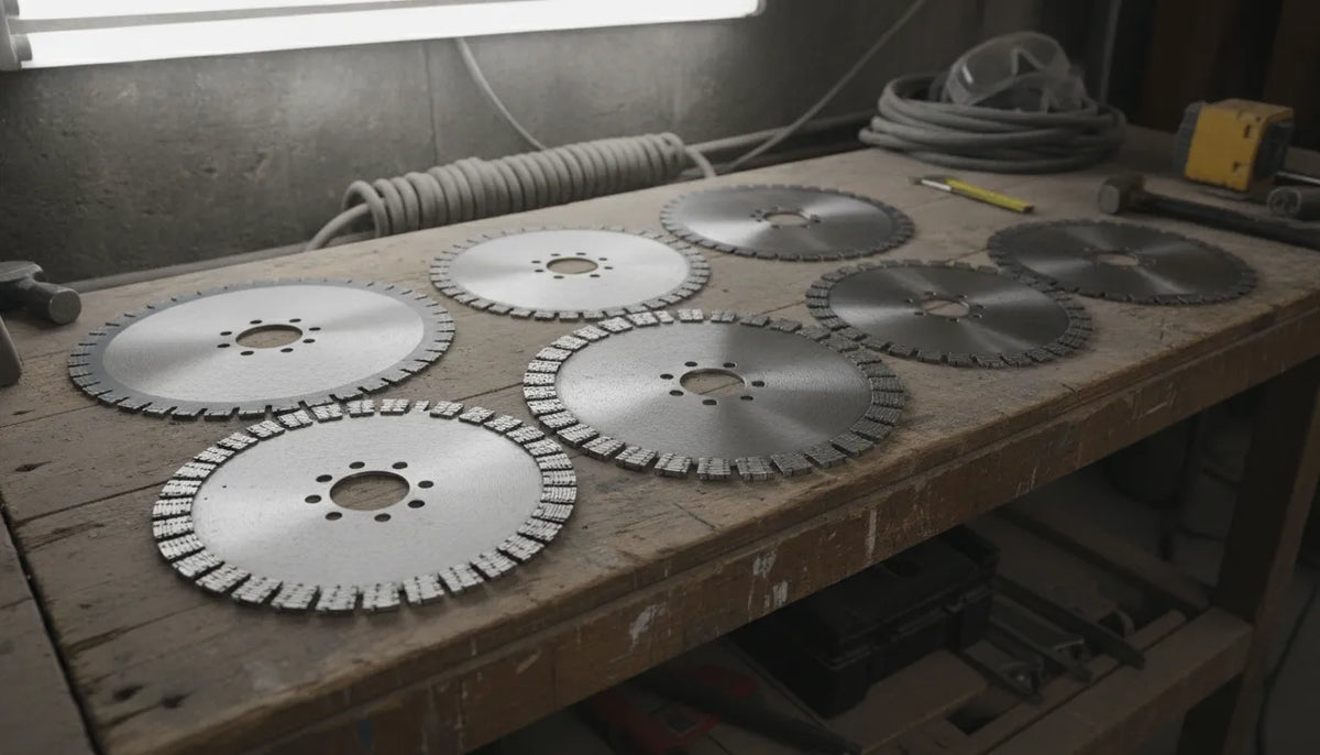Professional diamond saw blades with exposed diamond segments and steel cores arranged on a workbench