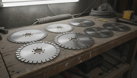 Professional diamond saw blades with exposed diamond segments and steel cores arranged on a workbench