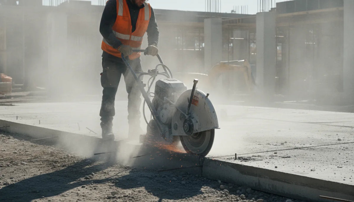 Professional construction worker cutting a concrete slab with a walk-behind masonry saw using a diamond blade on a jobsite