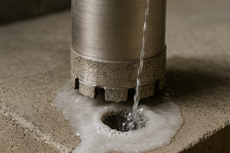 Diamond Tool Store core drill bit wet-cutting into concrete surface with water cooling.