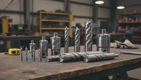 Professional diamond core drill bits in various sizes arranged on a workshop bench for concrete and stone drilling
