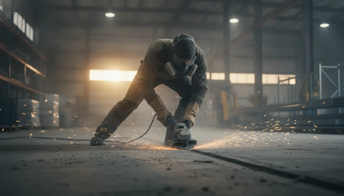 Professional concrete contractor using a handheld angle grinder with diamond cup wheel on concrete floor in an industrial warehouse setting