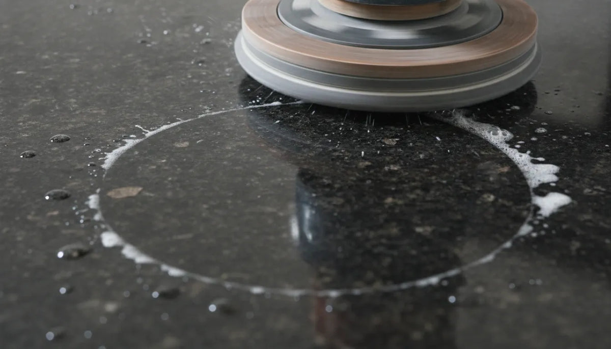 Close-up of professional diamond polishing pads on a granite countertop surface showing the polishing process with water and a glossy finish