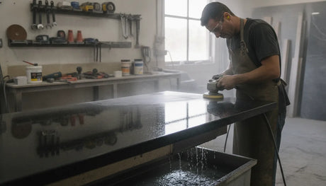 Stone fabricator polishing a granite countertop with a wet polisher in a fabrication shop