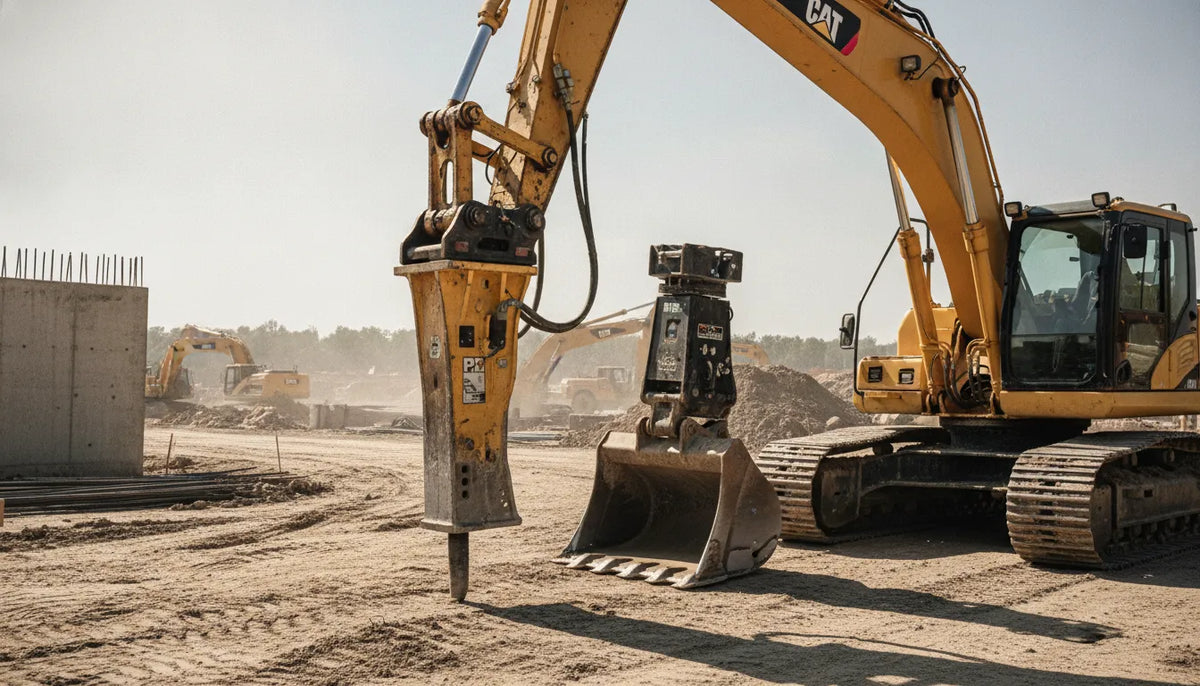 Professional photograph of a large yellow excavator equipped with a hydraulic breaker, a heavy-duty bucket, and a mechanical thumb on a construction site