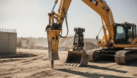 Professional photograph of a large yellow excavator equipped with a hydraulic breaker, a heavy-duty bucket, and a mechanical thumb on a construction site