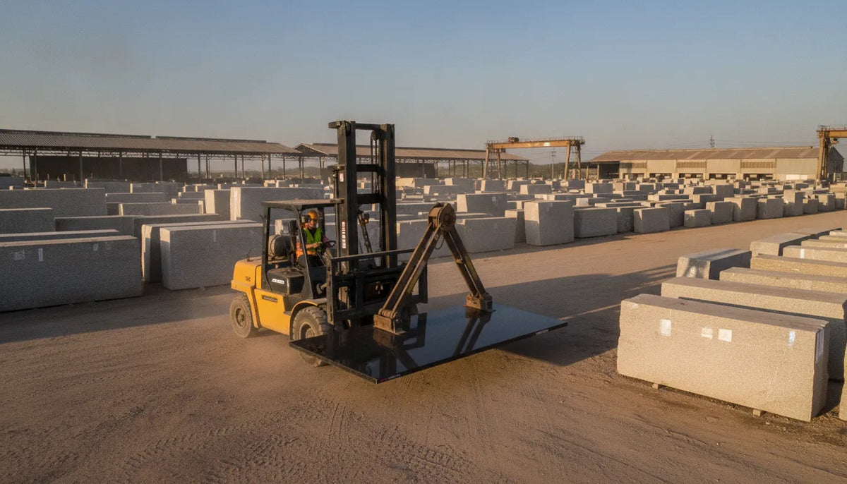 Forklift moving a secured stone slab with a lifting attachment