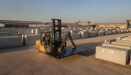 Forklift moving a secured stone slab with a lifting attachment