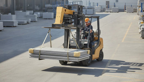 Forklift boom attachment carrying a secured stone slab bundle