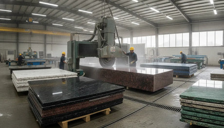 Fabricators operating a granite bridge saw cutting a thick granite slab in a stone fabrication shop