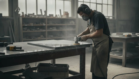 Heavy-duty steel granite fabrication table in a professional stone fabrication shop
