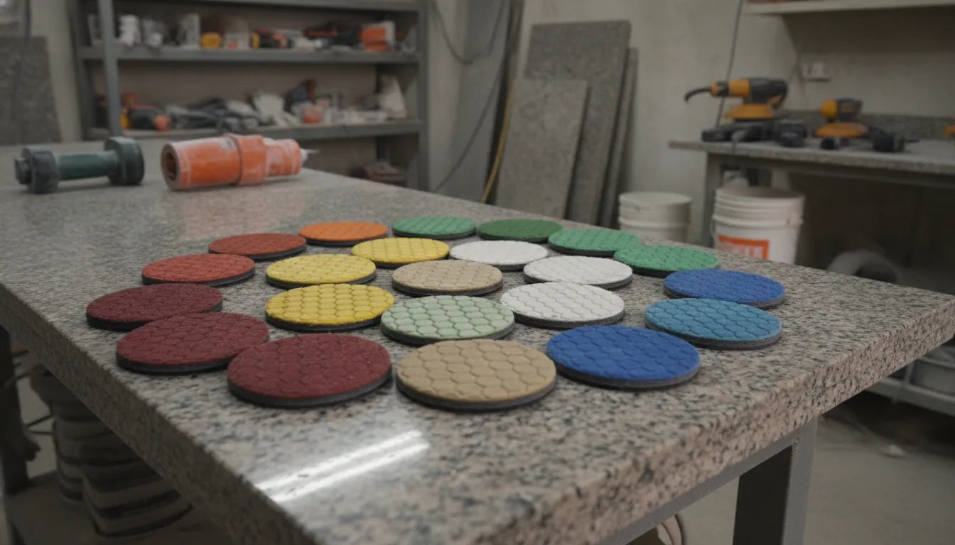 Diamond polishing pads arranged by grit size on a granite workbench in a stone fabrication shop