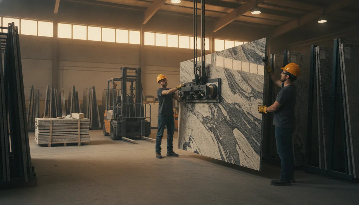 Workers using a slab lifter to move a large granite slab in a fabrication warehouse with forklift and A-frame rack