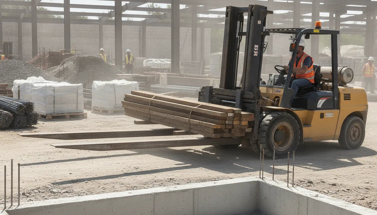 Heavy duty forklift extensions sliding onto a forklift carriage for hauling steel beams and long construction materials on a jobsite