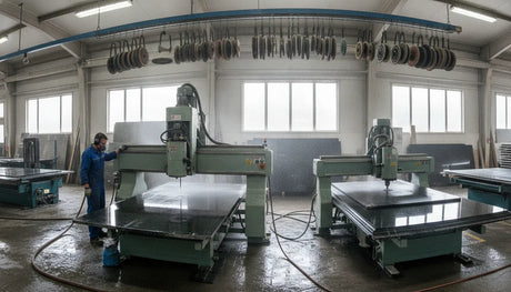 Water-cooled diamond CNC tooling cutting a polished granite slab in a fabrication shop