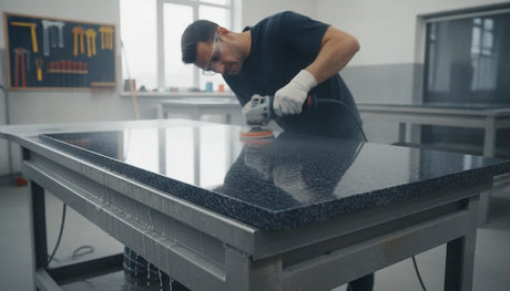 Stone fabricator polishing granite with diamond pads