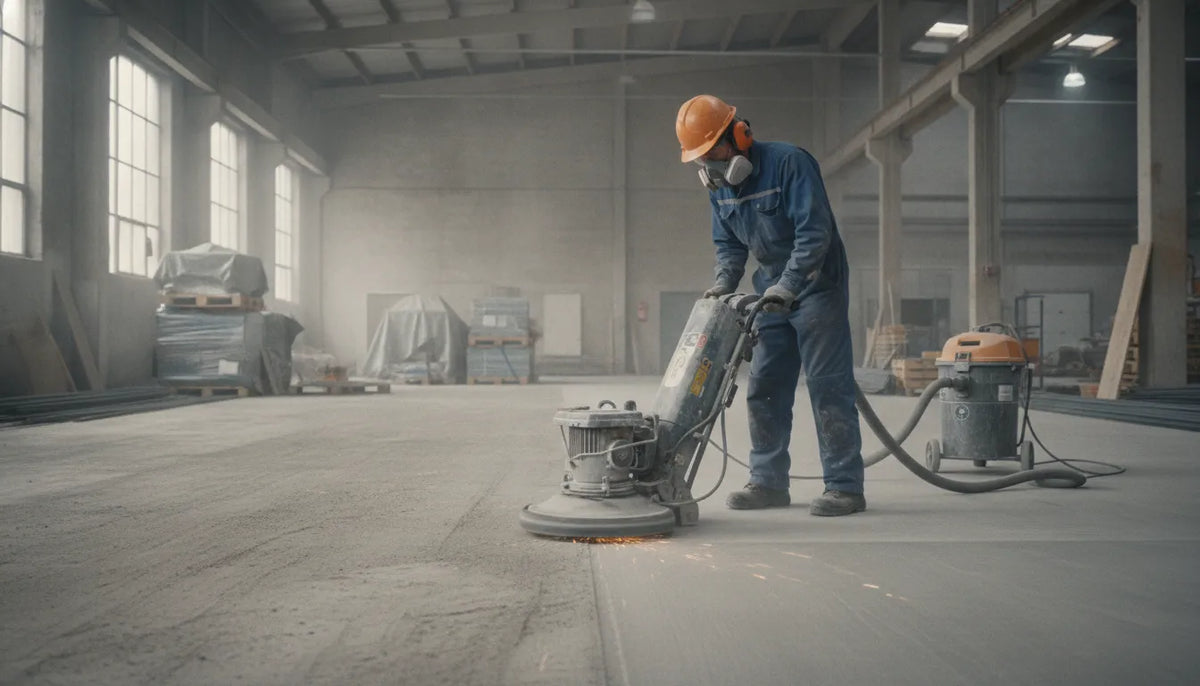 Worker operating a walk-behind concrete floor grinder with dust shroud on a concrete warehouse floor