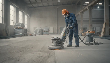 Worker operating a walk-behind concrete floor grinder with dust shroud on a concrete warehouse floor