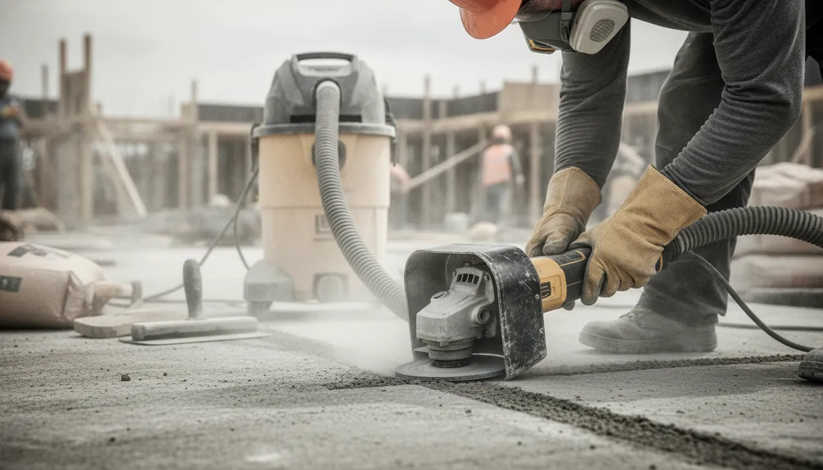 Contractor using a diamond cup wheel on concrete with dust extraction