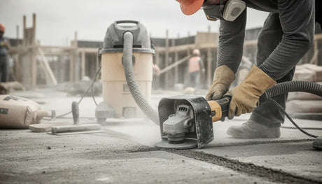 Contractor using a diamond cup wheel on concrete with dust extraction