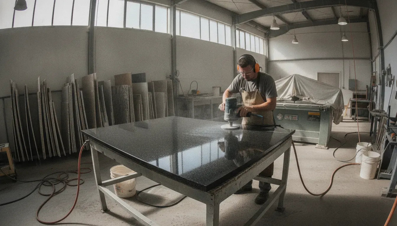 Fabricator using a water-cooled stone router on a supported granite slab