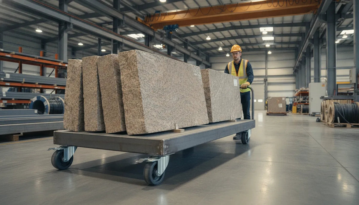 Industrial material handling cart carrying stone slabs in a fabrication shop