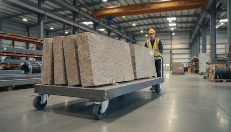 Industrial material handling cart carrying stone slabs in a fabrication shop