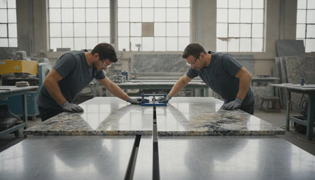 Stone fabricators aligning countertop slabs with a seam setter