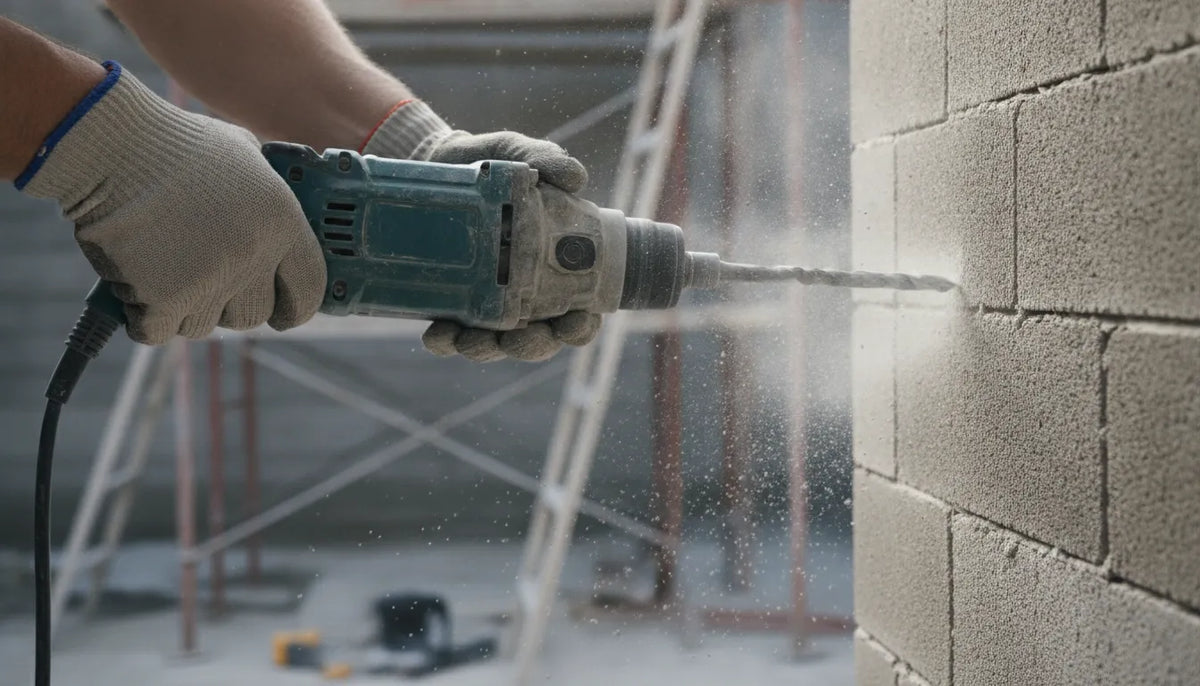 Construction worker drilling into a concrete brick wall with a hammer drill fitted with a masonry bit