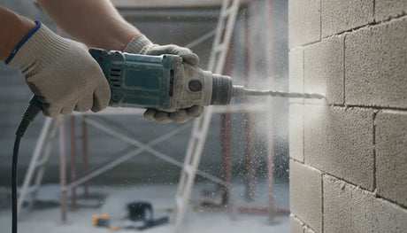 Construction worker drilling into a concrete brick wall with a hammer drill fitted with a masonry bit
