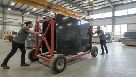 Workers moving a large granite slab on a heavy-duty A-frame slab cart in a fabrication shop