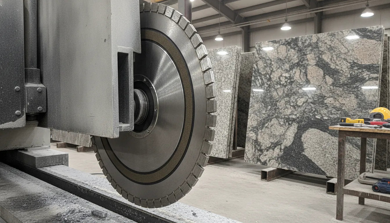 Granite diamond blade on a bridge saw cutting stone in a professional fabrication shop