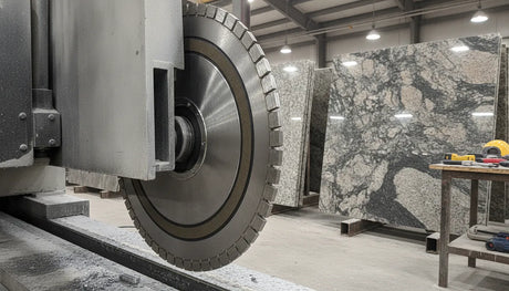 Granite diamond blade on a bridge saw cutting stone in a professional fabrication shop