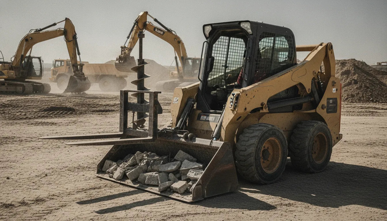 Skid steer loader with multiple attachments on a construction site