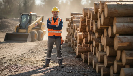 Construction worker beside a stack of cleaned tree logs with a skid steer blurred in the background on a sunny job site