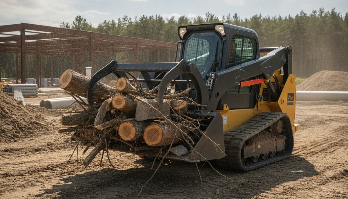 Industrial skid steer with dual cylinder root grapple bucket attachment lifting logs and debris on a jobsite