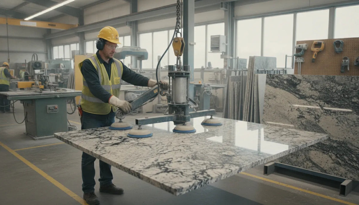Stone fabrication professional operating a vacuum lifter to safely handle a granite slab in an industrial workshop